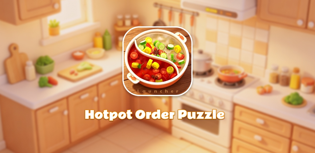 Hotpot Order Puzzle key art with a warm kitchen and hotpot icon.