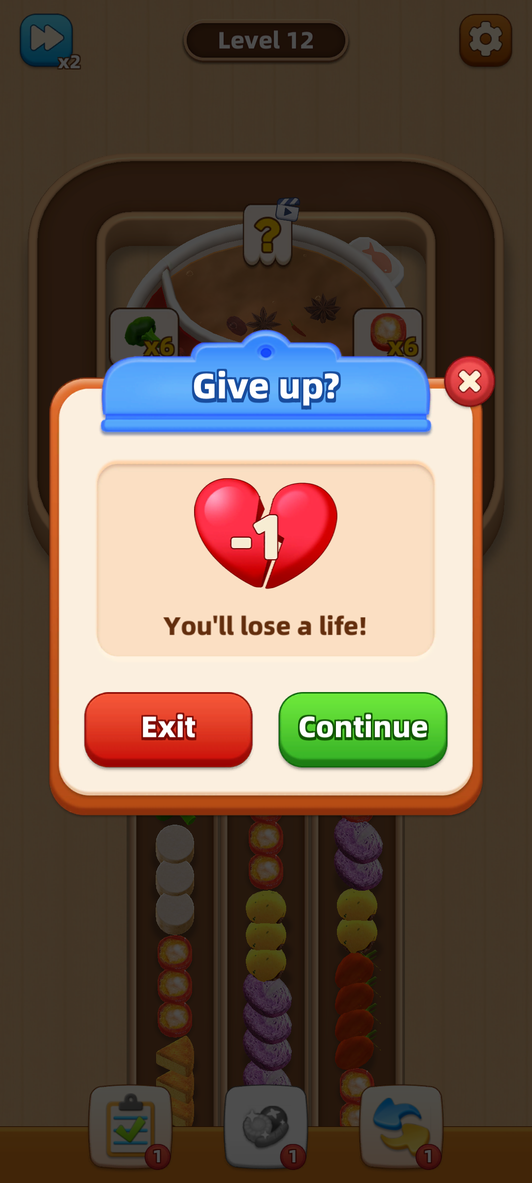 Gameplay screenshot showing the continue screen after a failed attempt.