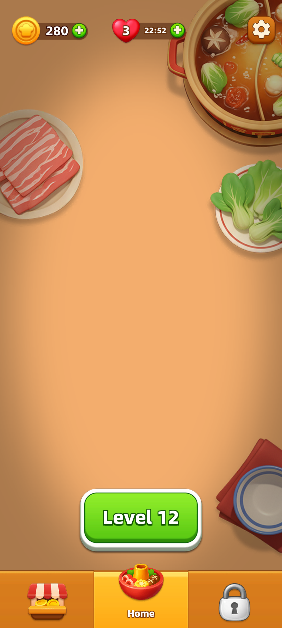 Gameplay screenshot showing the level interface and hotpot scene.